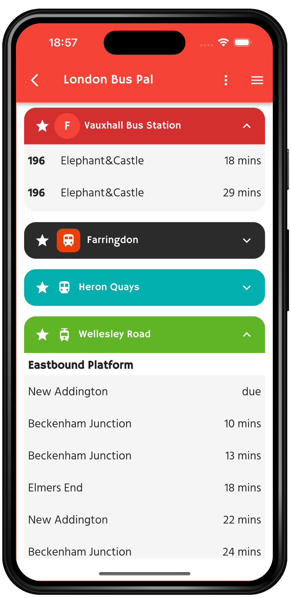 Saved favourites with live next-arrival times.