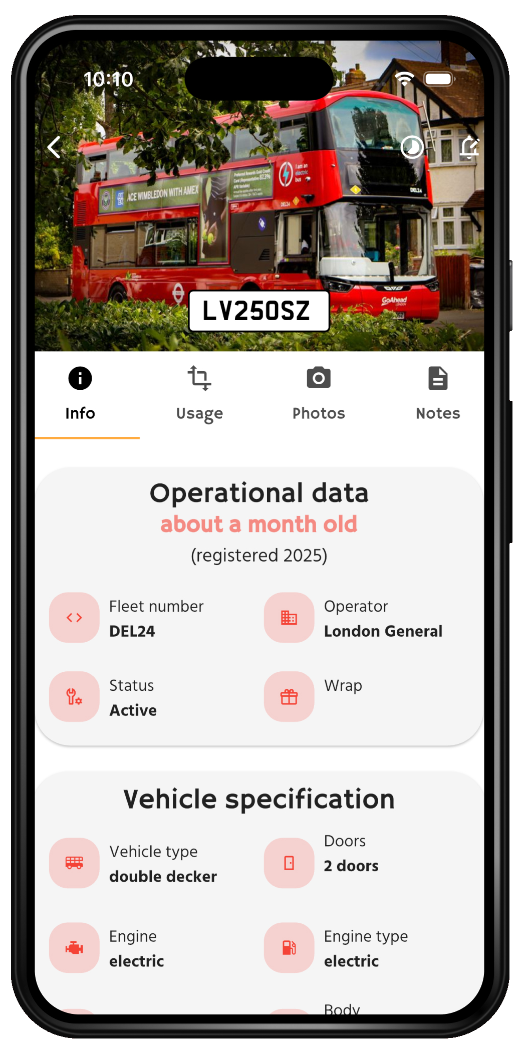 Vehicle detail for a London General bus.
