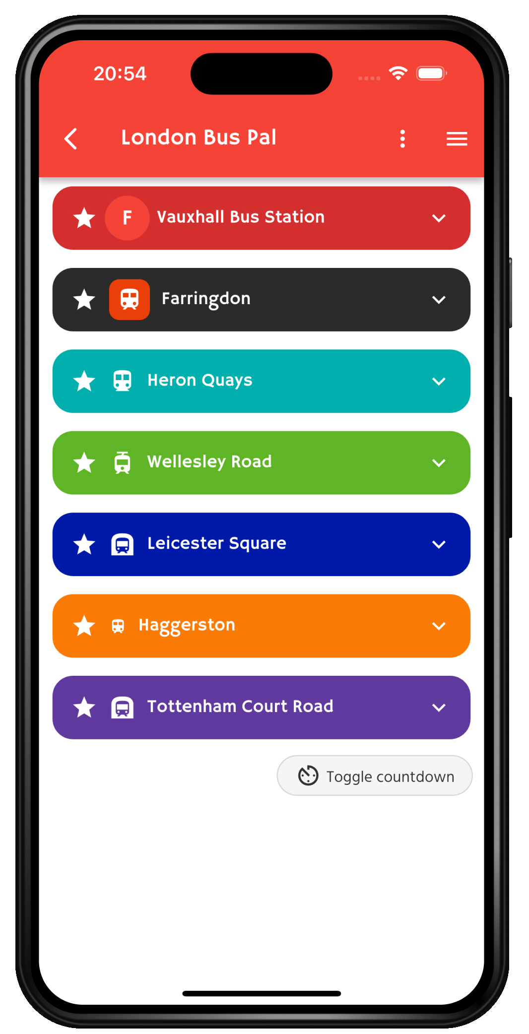 Favourites list showing stops across seven modes.